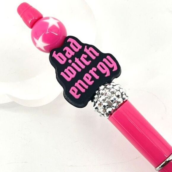 Bad Witch Energy Halloween pen handmade NEW bling rhinestone hot pink black silv - Picture 2 of 6